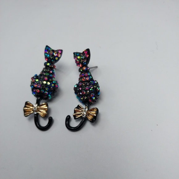 Betsey Johnson Boo To You Black Cat Pave Crystals Movable Tail Drop Earrings - Picture 2 of 7